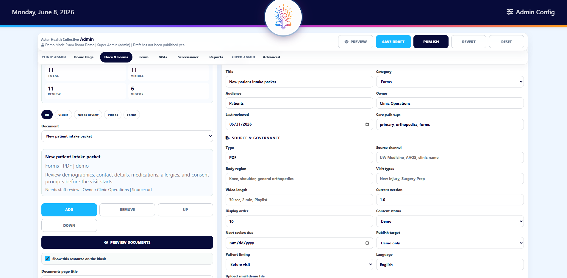 LuminaTouch admin configuration screen for managing documents, forms, review status, and publish controls
