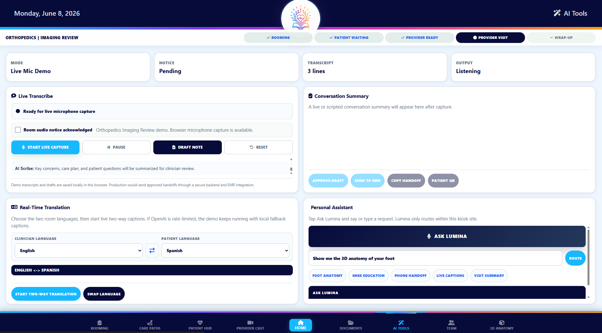 LuminaTouch AI tools screen with live transcription, translation, and personal assistant modules