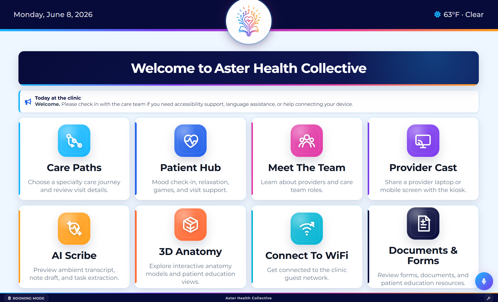 LuminaTouch exam room home screen with care paths, patient hub, provider cast, AI tools, 3D anatomy, WiFi, and documents modules