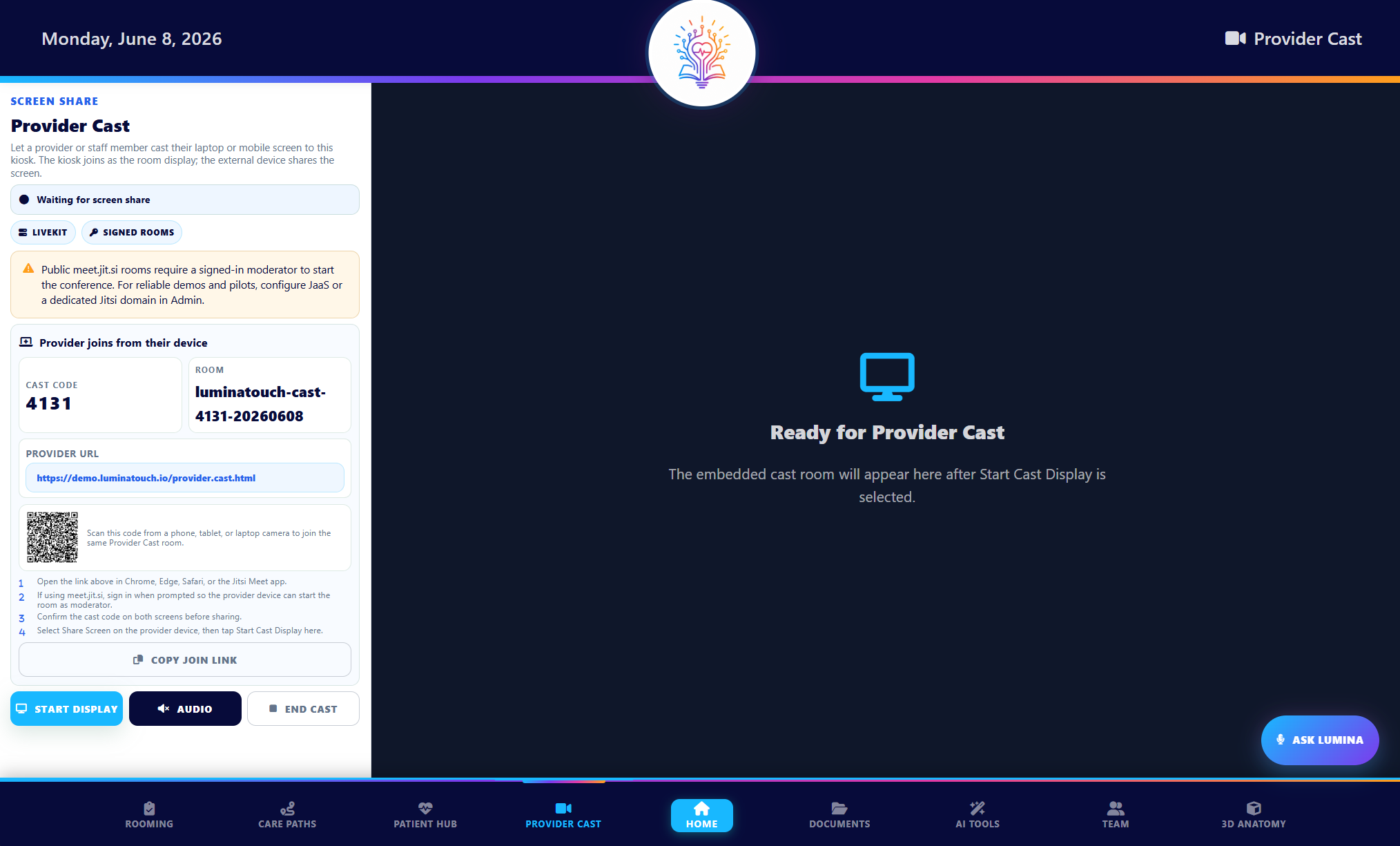 LuminaTouch provider cast screen with room code, provider URL, QR code, and screen sharing controls