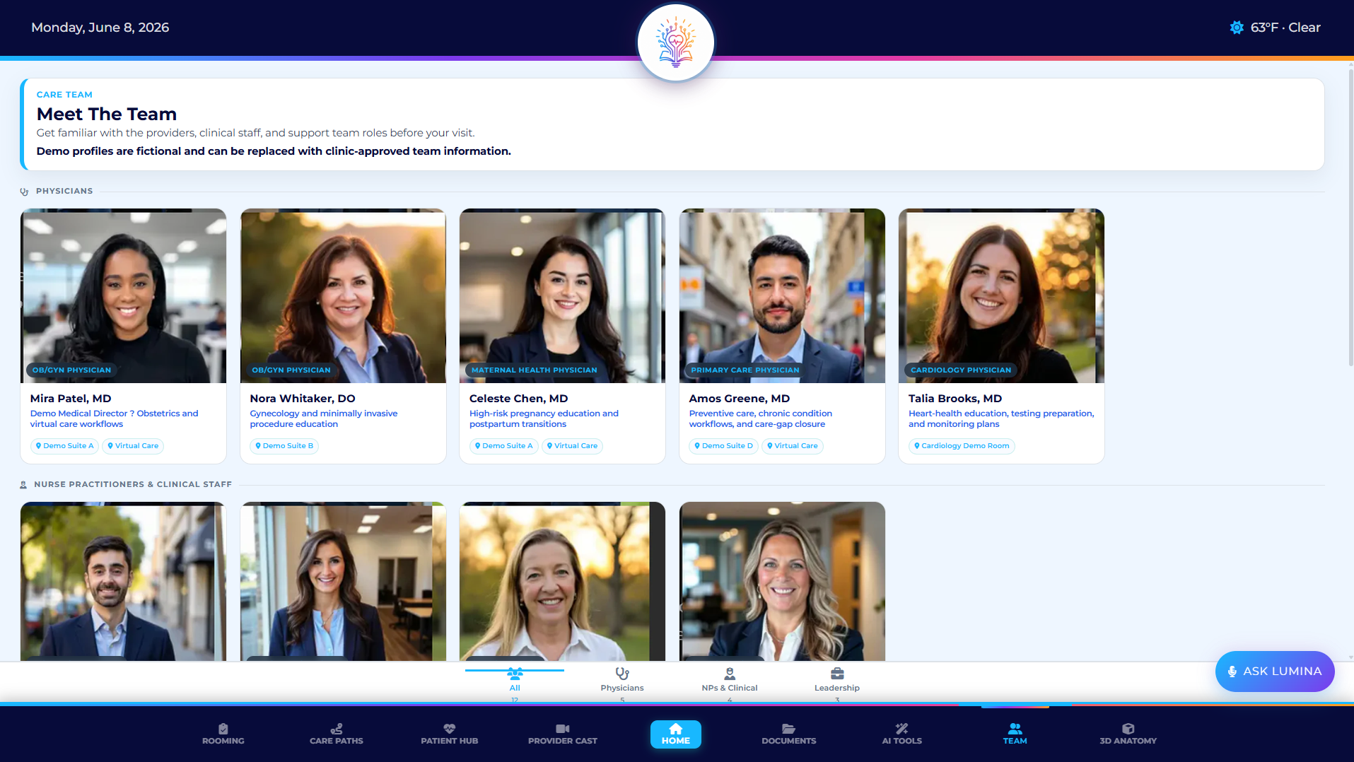 LuminaTouch provider and care team directory screen