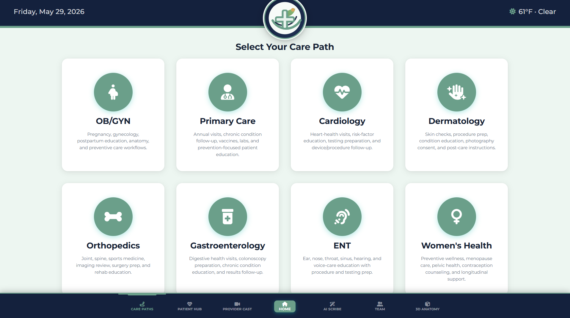 Tactyl care path selection screen showing specialty workflows for OB/GYN, primary care, cardiology, dermatology, orthopedics, gastroenterology, ENT, and women's health