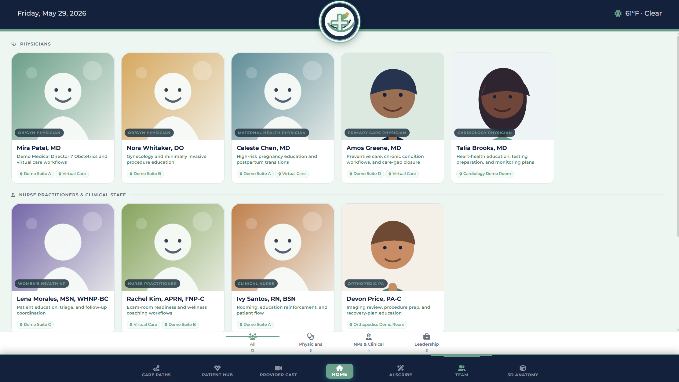 Tactyl meet the team screen showing physician, nurse practitioner, clinical staff, and leadership profiles