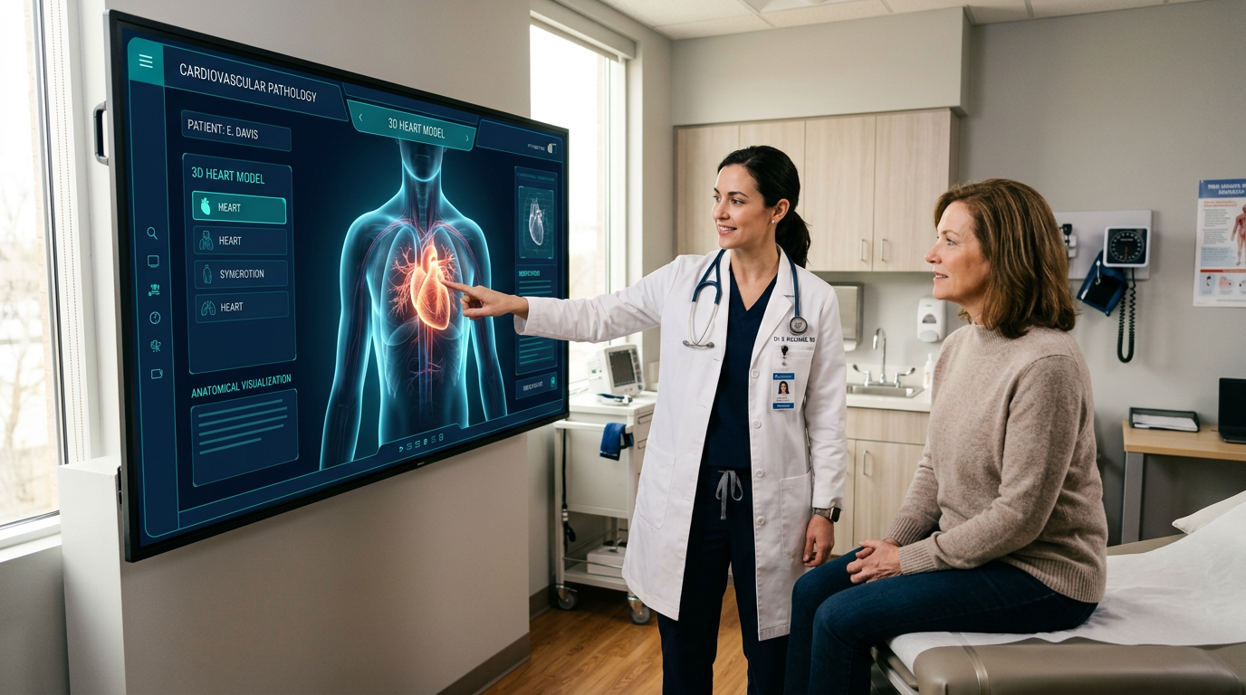 Doctor showing a patient a 3D anatomy visualization on the Tactyl.io touchscreen in a modern exam room